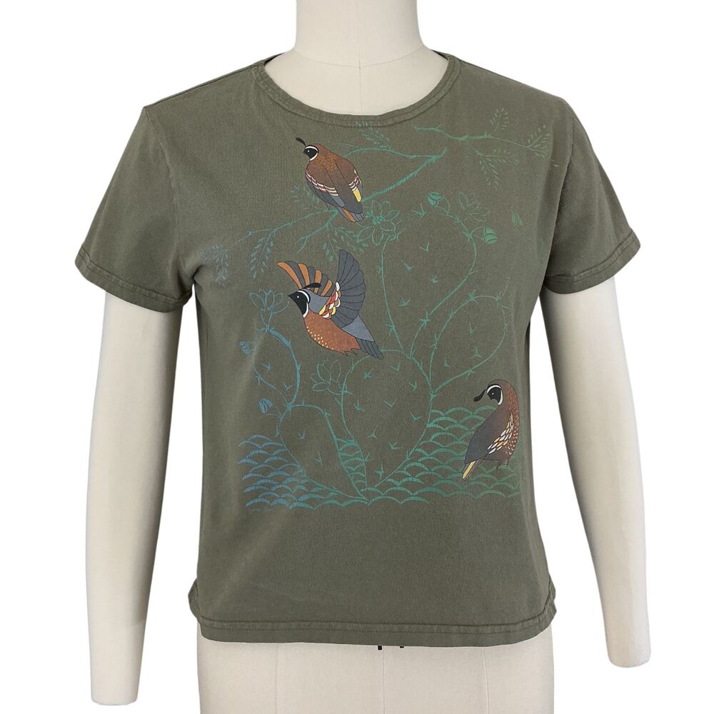 Sabaku Artwear T-Shirt Top S Quail Desert Cactus Original Art Short Sleeve Olive